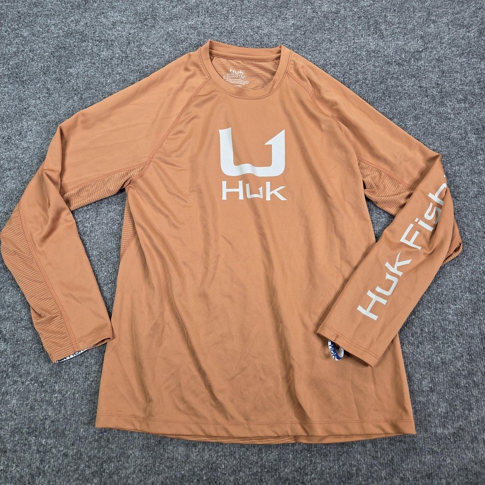 Huk Shirt Mens Medium Brown Long Sleeve Fishing Performance Mesh Quick Dry